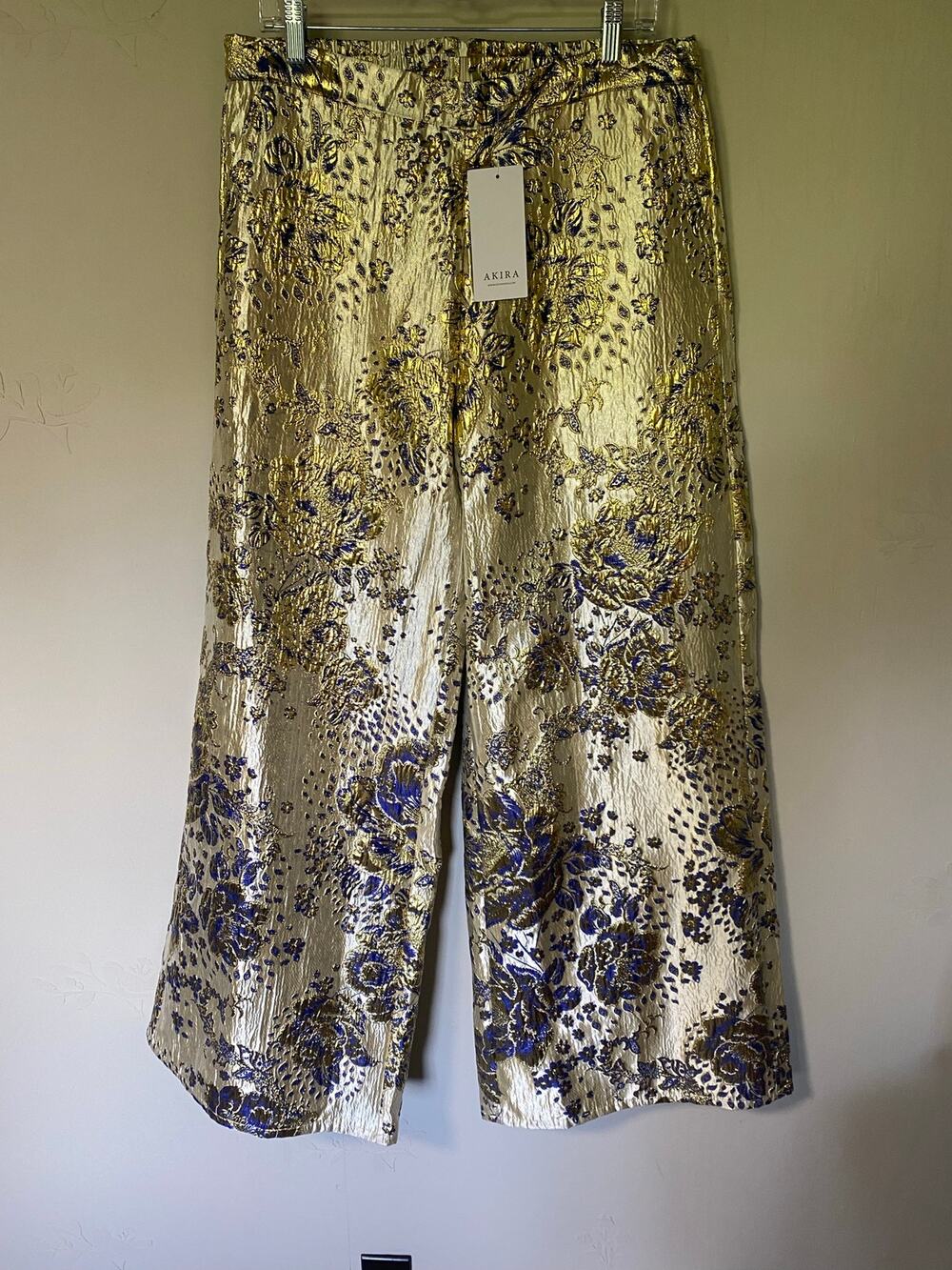 NWT Akira Blue Gold Brocade Super Wide Leg Metallic Pants XL